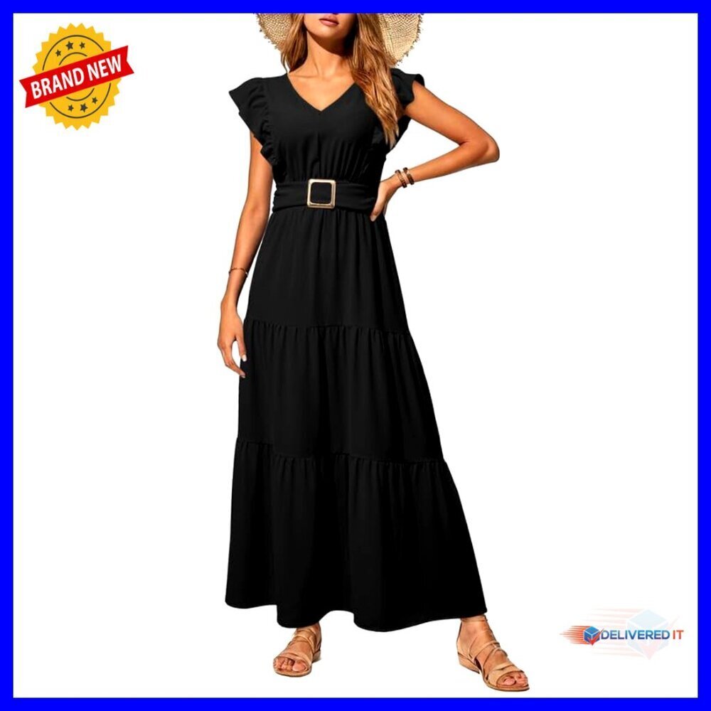 V-Neck Maxi Dress Empire Waist Ruched Back Flowy Summer Elegant Chic